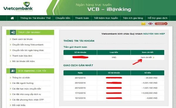 kiểm tra số dư tài khoản Vietcombank qua Internet Banking