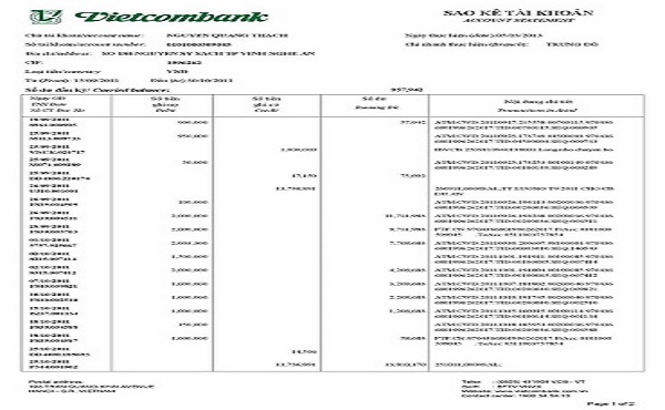 Bản sao kê lương Vietcombank