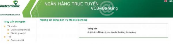 Thông báo hủy dịch vụ Mobile Banking thành công